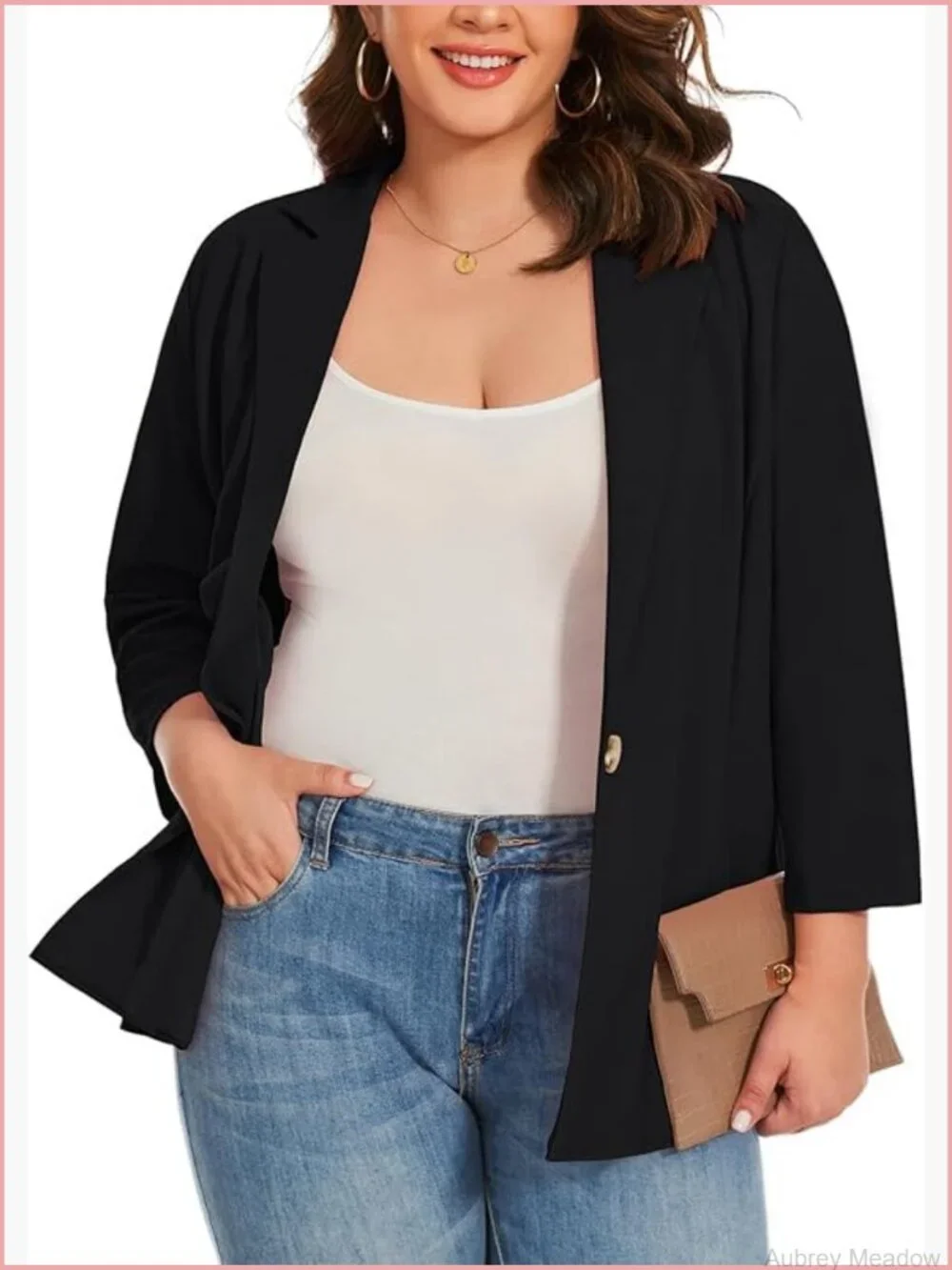 Plus Size Blazer 3/4 Sleeve Notch Lapel One Button Open Front Pockets Work